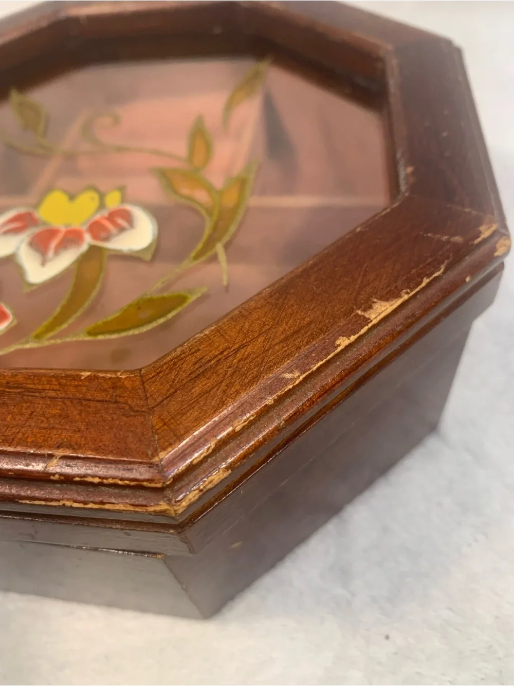 Cottagecore Grandma Octagonal Brown Floral Glass Jewelry Box - Velvet Inside